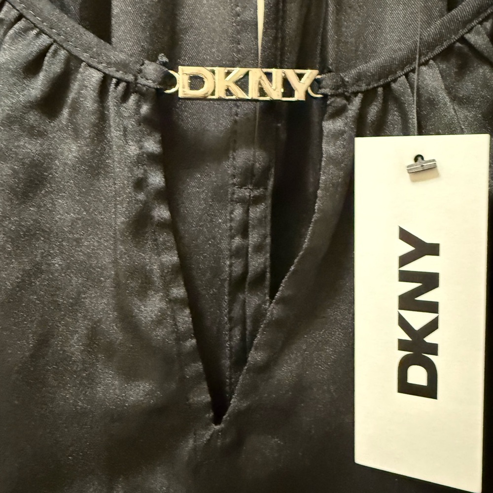 NWT Vintage DKNY Black Satin Bubble Sleeve Blouse - Split Neck Top 2XL - Picture 3 of 7